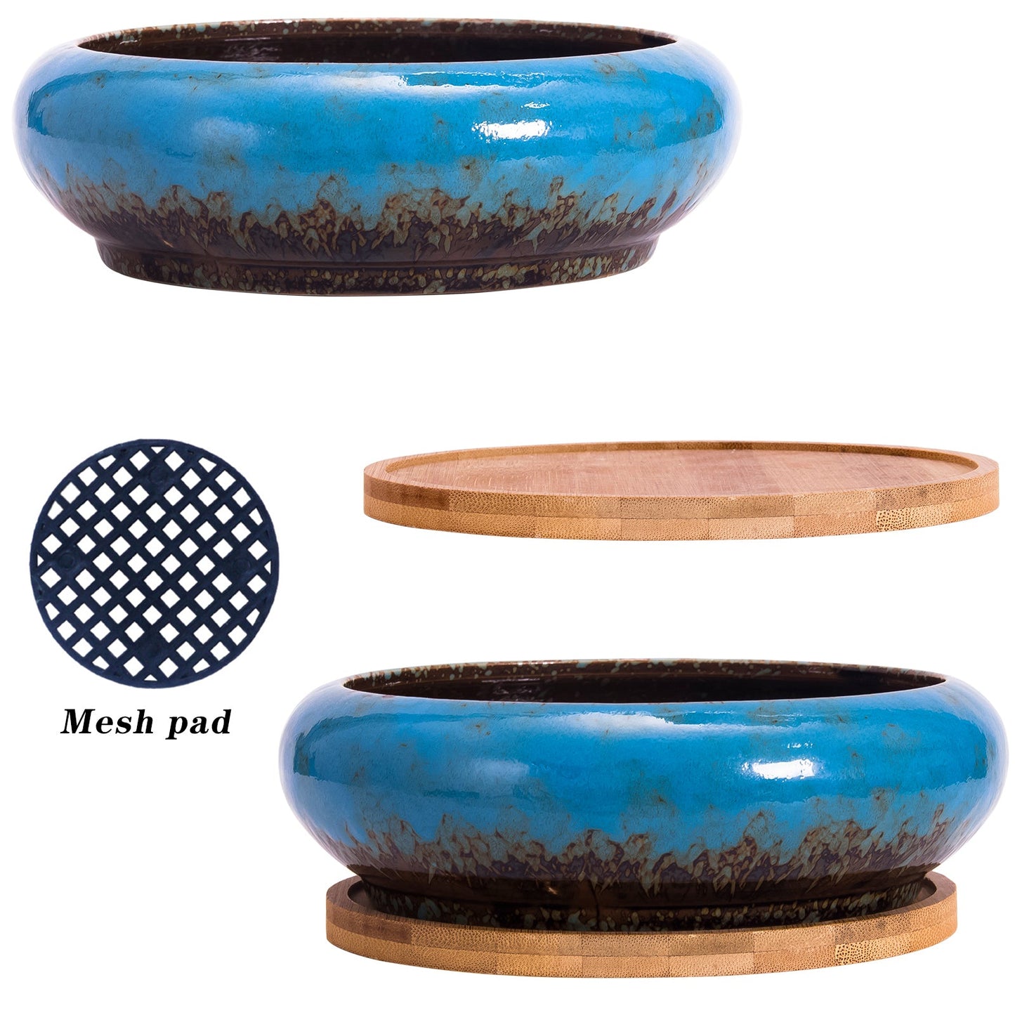 Succulent Pots, 7.3 Inch Succulent Planter Pots with Drainage Hole Pack of 2, Shallow Bonsai Pots with Tray Ceramic Flower Plant Pots for Indoor/Outdoor