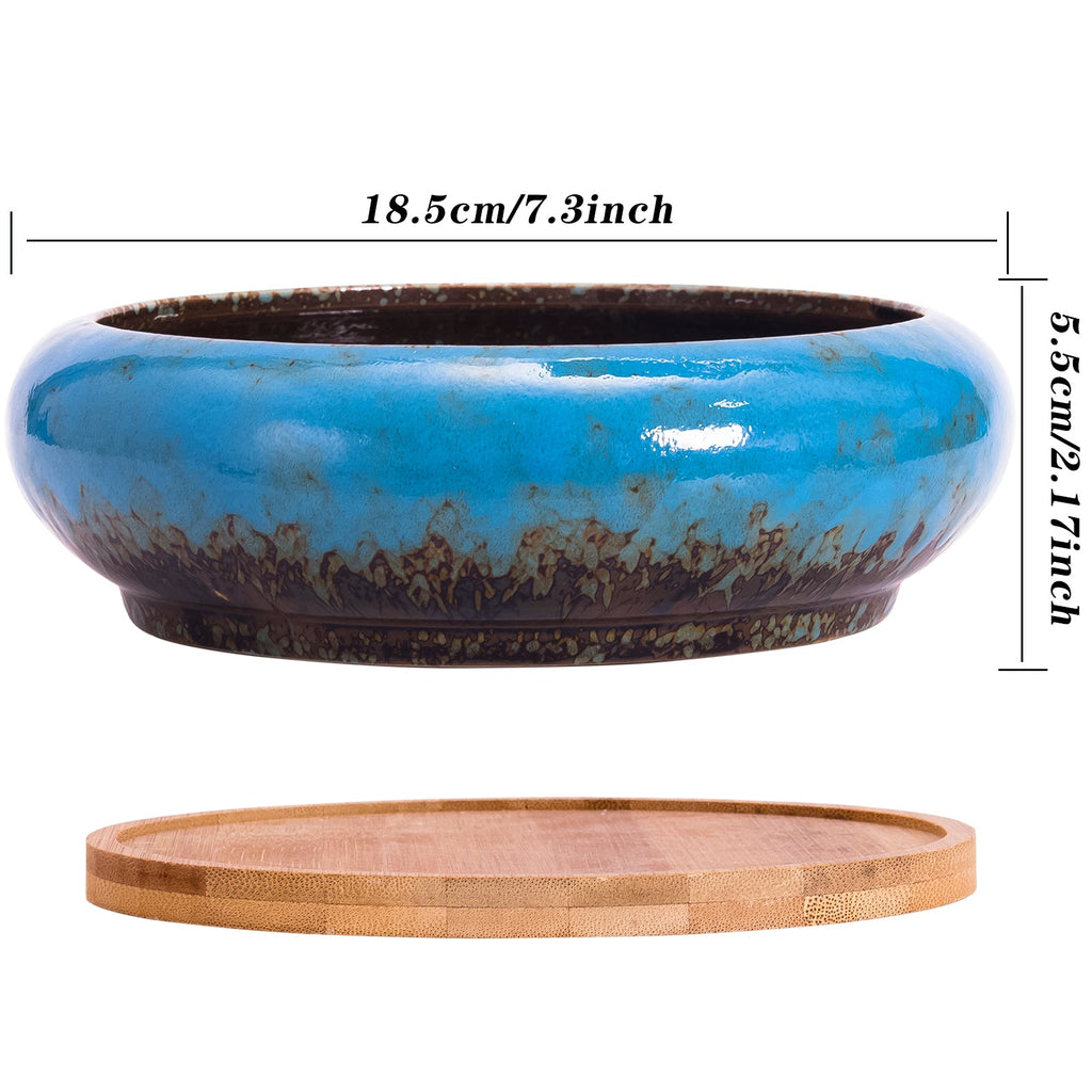 7.3 inch Round Succulent Planter Pots with Drainage Hole Bonsai Pots Garden Decorative Cactus Stand Ceramic Glazed Flower Container Blue, with Bamboo Tray