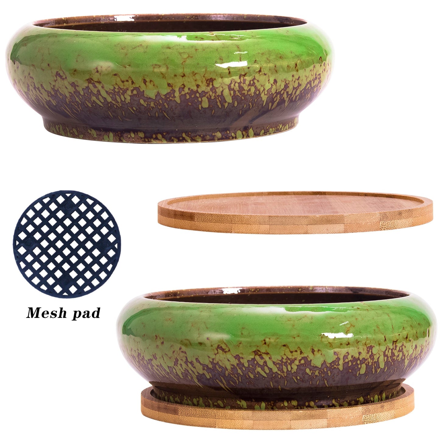 Succulent Pots, 7.3 Inch Succulent Planter Pots with Drainage Hole Pack of 2, Shallow Bonsai Pots with Tray Ceramic Flower Plant Pots for Indoor/Outdoor
