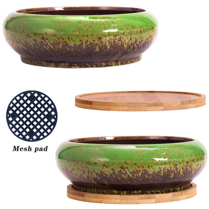 Succulent Pots, 7.3 Inch Succulent Planter Pots with Drainage Hole Pack of 2, Shallow Bonsai Pots with Tray Ceramic Flower Plant Pots for Indoor/Outdoor