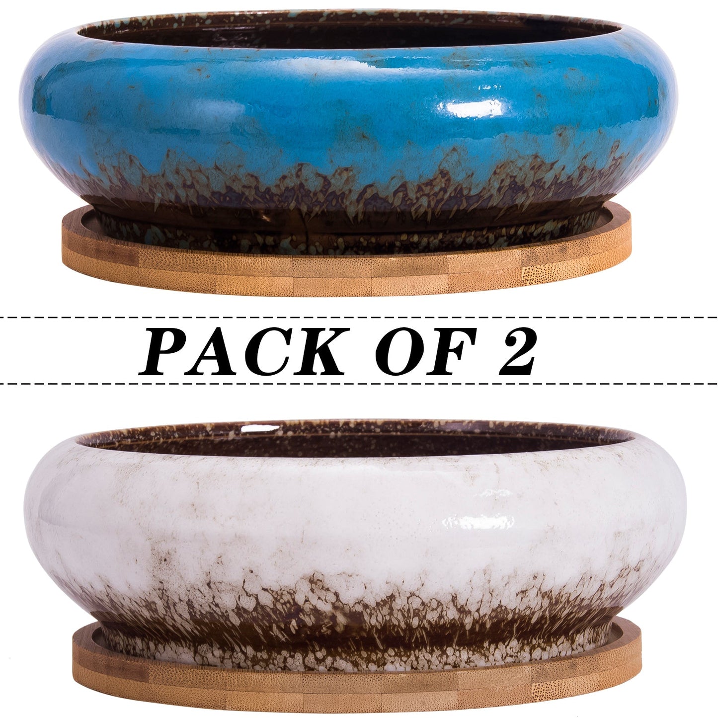 Succulent Pots, 7.3 Inch Succulent Planter Pots with Drainage Hole Pack of 2, Shallow Bonsai Pots with Tray Ceramic Flower Plant Pots for Indoor/Outdoor
