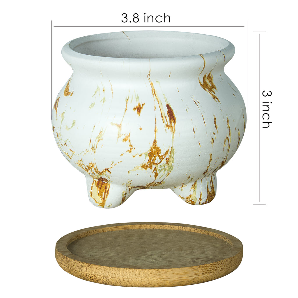 ARTKETTY 3.8 Inch Ceramic Succulent Planter Pots Small Cactus Planter Pots Tripod Glazed Flower Plant Container with Drainage Bamboo Tray Perfect for Desk or Windowsill Pack of 6