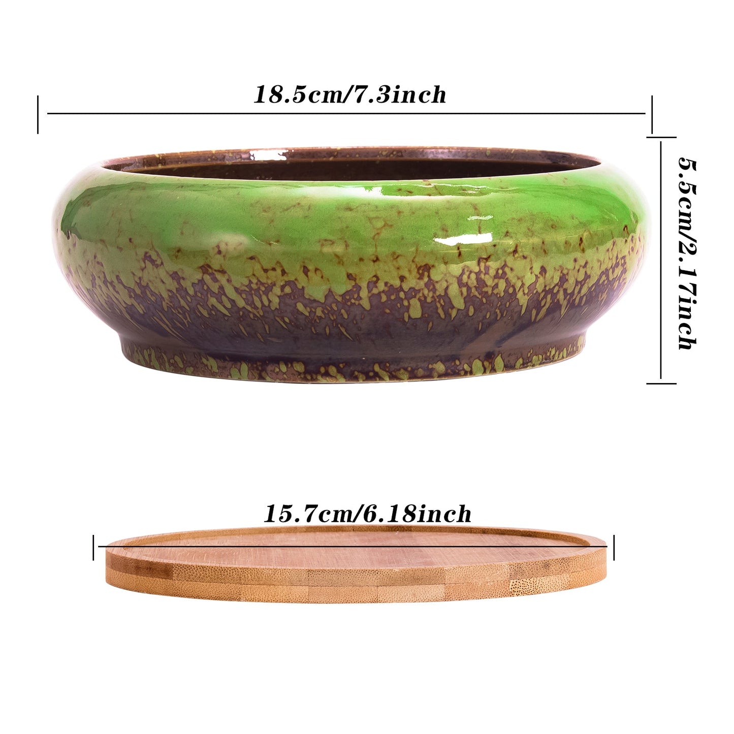 Succulent Pots, 7.3 Inch Succulent Planter Pots with Drainage Hole Pack of 2, Shallow Bonsai Pots with Tray Ceramic Flower Plant Pots for Indoor/Outdoor