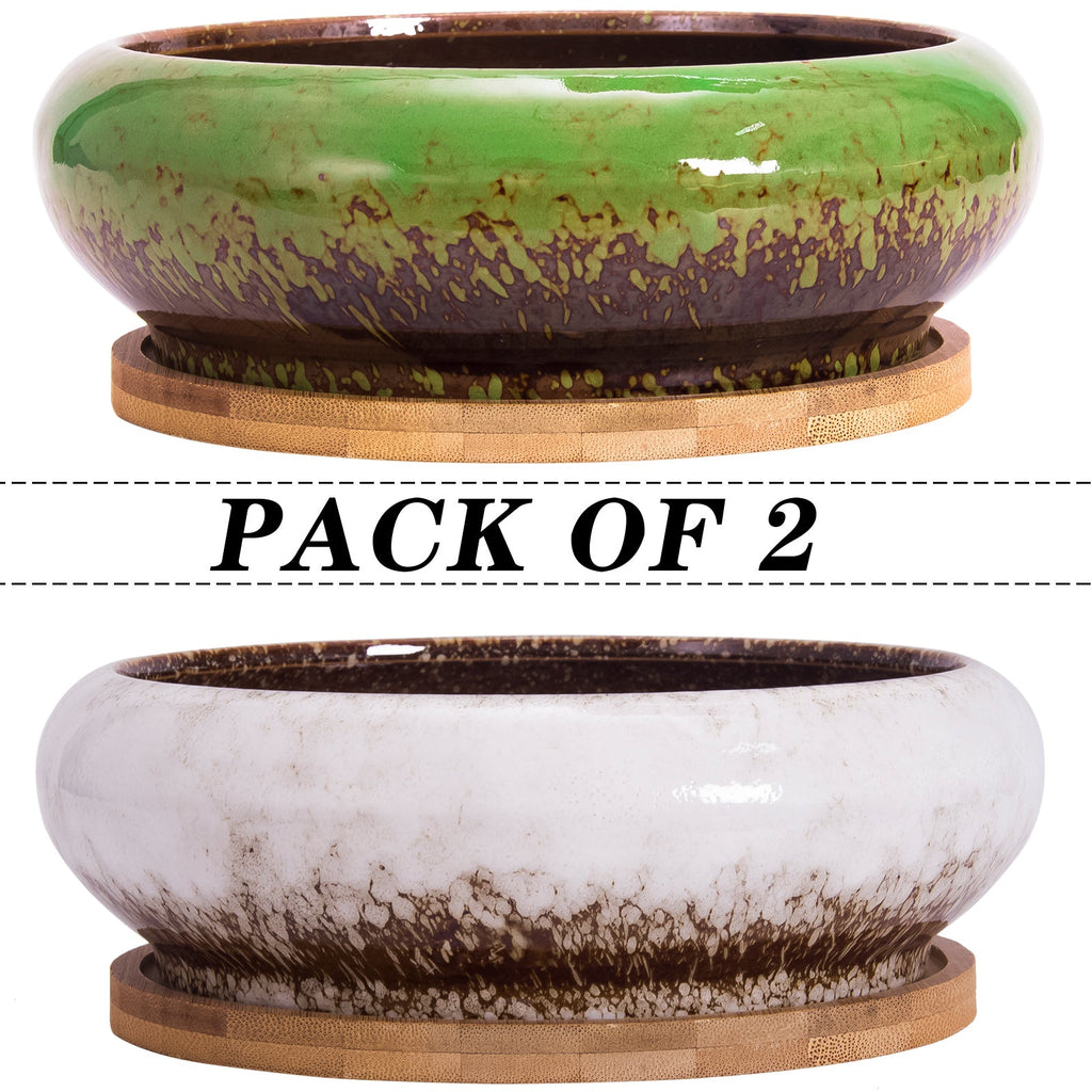Succulent Pots, 7.3 Inch Succulent Planter Pots with Drainage Hole Pack of 2, Shallow Bonsai Pots with Tray Ceramic Flower Plant Pots for Indoor/Outdoor