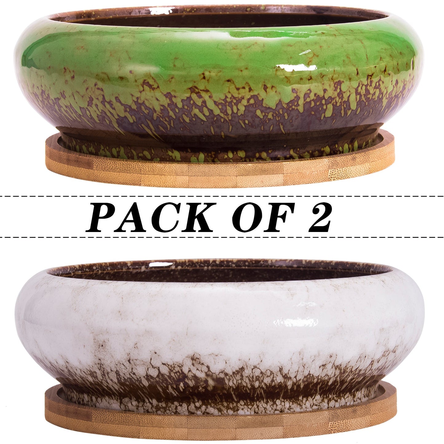 Succulent Pots, 7.3 Inch Succulent Planter Pots with Drainage Hole Pack of 2, Shallow Bonsai Pots with Tray Ceramic Flower Plant Pots for Indoor/Outdoor