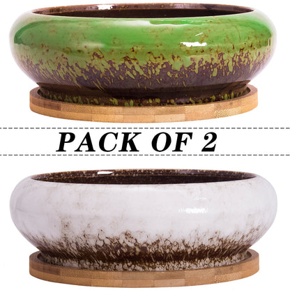 Succulent Pots, 7.3 Inch Succulent Planter Pots with Drainage Hole Pack of 2, Shallow Bonsai Pots with Tray Ceramic Flower Plant Pots for Indoor/Outdoor