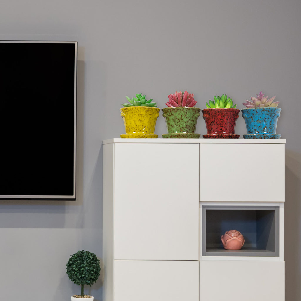 ARTKETTY Succulent Planter Pots, 4.2 Inch Modern Ceramic Cactus Plant Pots with Drainage Hole & Saucer Mini Glazed Flower Pots Tiny Plant Container Perfect for Indoor/Outdoor Plants Pack of 4