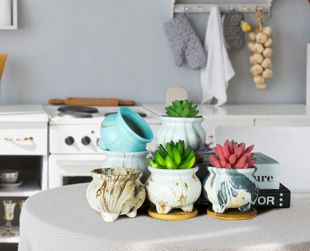 ARTKETTY 3.8 Inch Ceramic Succulent Planter Pots Small Cactus Planter Pots Tripod Glazed Flower Plant Container with Drainage Bamboo Tray Perfect for Desk or Windowsill Pack of 6