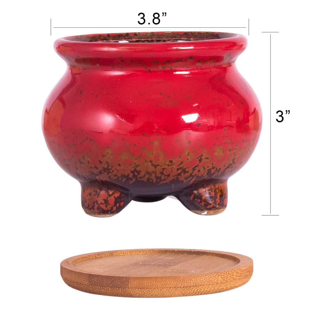 ARTKETTY 3.8 Inch Ceramic Succulent Planter Pots Small Cactus Planter Pots Tripod Glazed Flower Plant Container with Drainage Bamboo Tray Perfect for Desk or Windowsill Pack of 6